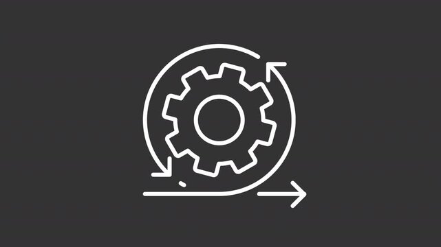 Agile system white line animation. Gear with rotating arrow animated outline icon. Open to changes environment. Continuous process improvement. Dark mode linear motion graphic loop