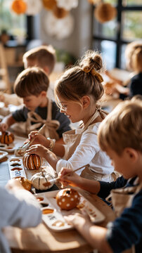 Children participating in a Halloween pumpkin painting workshop elevated rear view of apron ties and small shoulders around a shared table hands applying simple stripes and dots