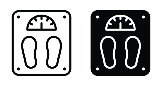 Bathroom scale icon set showing weight measurement tool with footprints for health fitness diet tracking and body mass index monitoring