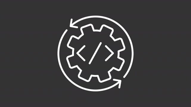 Continuous integration white line animation. Cogwheel with symbols and arrows animated outline icon. Software development practice. Merge code changes. Dark mode linear motion graphic loop
