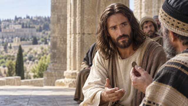Jesus Christ shown a coin by a man in an ancient city. Tribute money and render unto Caesar story. Biblical teaching, faith and scripture. Christian religious illustration.