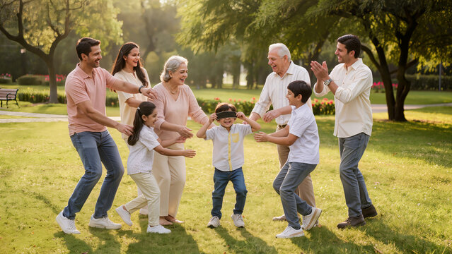 Happy Indian Multigenerational Family Playing Blindfold Game Outdoors Together in Green Park