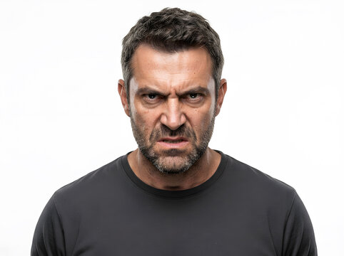 Serious mature man with intense expression in black shirt looking directly at camera with neutral background