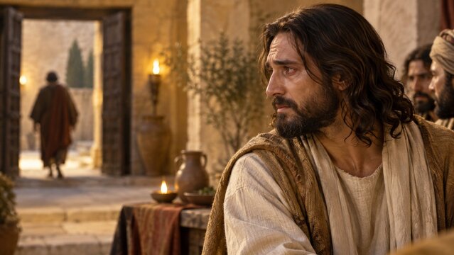 Jesus Christ among disciples in an ancient interior. Biblical story from the life of Jesus. Christian faith and Gospel narrative. Religious illustration and scripture for devotional use