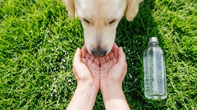 Dog drinking water from cupped hands outdoors