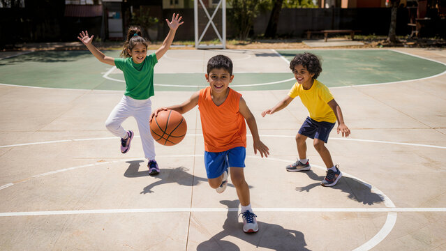 Group of Happy Indian Children Playing Basketball on Outdoor Court During Sunny Day Sports