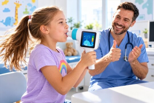 An eight-year-old girl enthusiastically blows into the turbine of a modern digital spirometer. A respiratory therapist gives a thumbs-up.