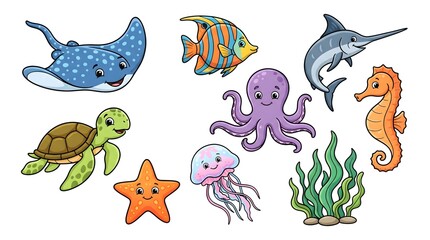 Obraz premium Cute ocean animals clipart set with fish octopus turtle