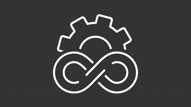 Devops infinity white line animation. Gear with eternity sign animated outline icon. Continuous never ending cycle of software development. Project management. Dark mode linear motion graphic loop