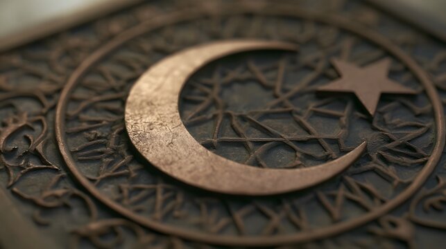 Close up of an ornate crescent moon and star emblem with intricate engraved patterns on a dark textured surface