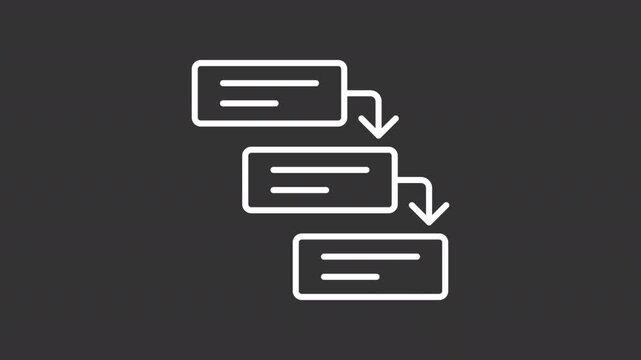 Waterfall methodology white line animation. Step by step guidance animated outline icon. Sequential project management approach. Continuous process. Dark mode linear motion graphic loop
