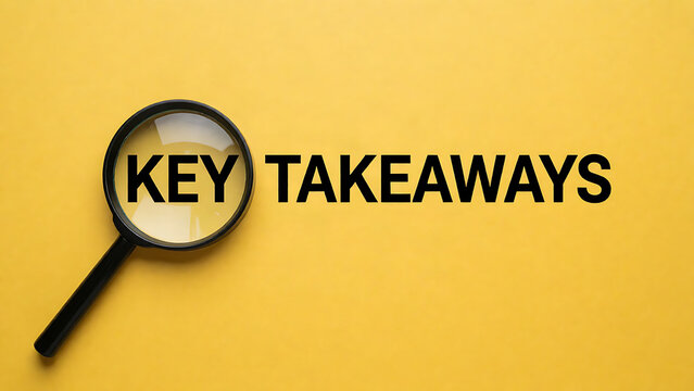 Magnifying glass highlighting the text key takeaways on a yellow background