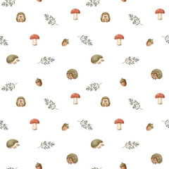 Watercolor autumn seamless pattern with cute hedgehogs mushrooms and acorns forest woodland design for fabric and paper © Meyto Elements