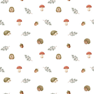 Watercolor autumn seamless pattern with cute hedgehogs mushrooms and acorns forest woodland design for fabric and paper