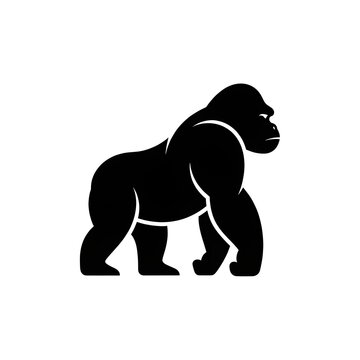 Minimalist black gorilla silhouette walking, powerful animal vector logo design on white background