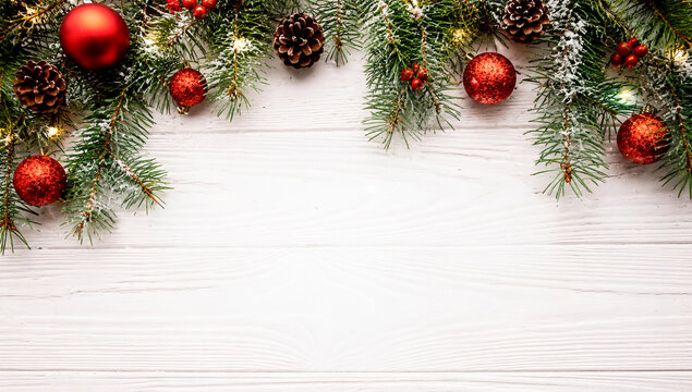 Christmas decoration on white wooden background with copy space
