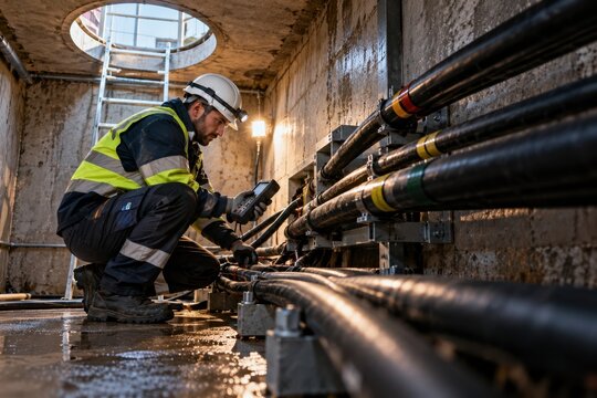  Technician inspecting underground power cables using a handheld digital testing device inside a utility tunnel or infrastructure vault with a ladder in the background.   