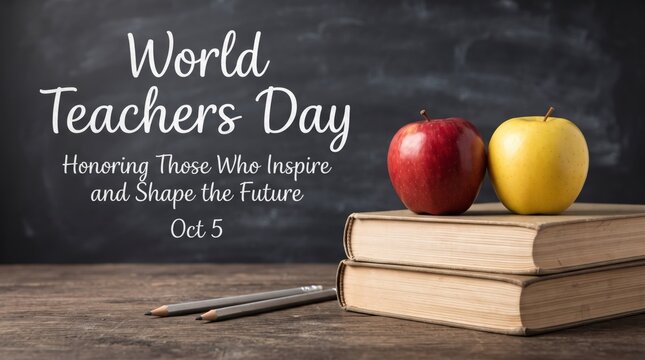 World teachers day celebration with apple and books on desk