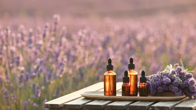 Amber essential lavender oil bottle. Violet lavendar field in Provence.