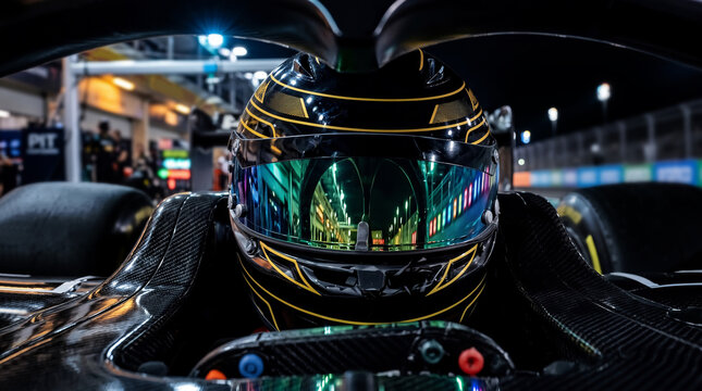 Race Car Driver POV Inside Cockpit in Pit Lane at Night