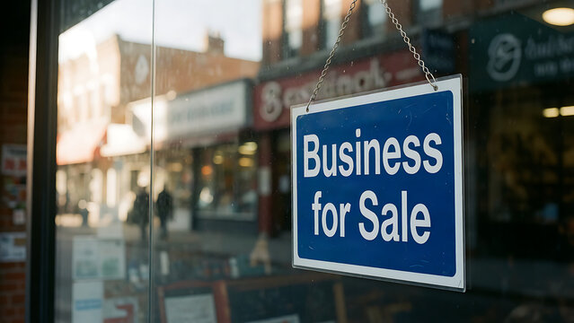Blue business for sale sign hanging in a shop window with blurred street reflection