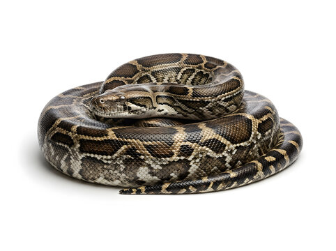 Burmese python coiled in a resting position isolated on a white background