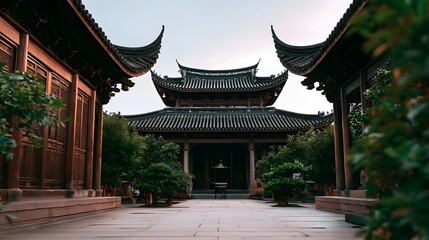 Obraz premium Traditional Chinese courtyard architecture with curved eaves wooden pillars and tiled roofs framed by greenery
