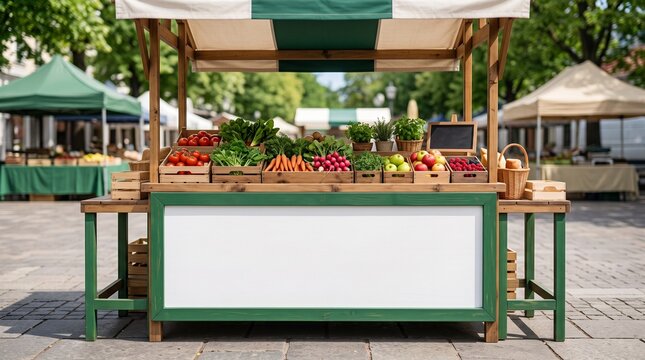 Fresh vegetable and fruit market stall counter with vibrant organic produce on an outdoor town squar