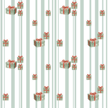 Watercolor Christmas seamless pattern with green gift boxes and vertical striped background festive holiday vector design