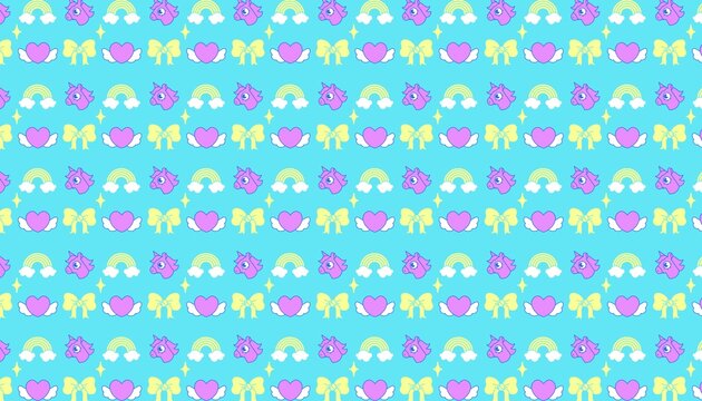 Seamless pattern with cute unicorns rainbows and hearts on blue background