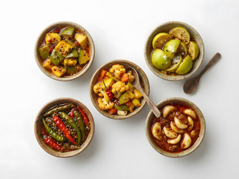 Assortment of traditional Indian pickles in ceramic bowls on white background