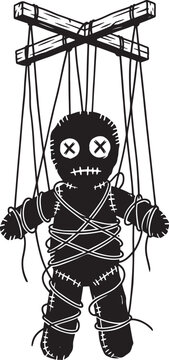 Voodoo doll marionette silhouette hanging from wooden cross strings against white background with puppet strings creepy doll halloween puppet voodoo magic scary doll string puppet