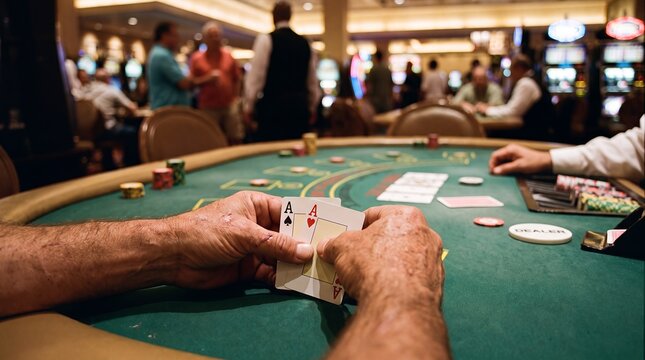 Poker player cards aces hands casino gambling table chips strategy. Seated gambler studies a strong pocket pair during a live game while other guests watch for casino lifestyle advertising