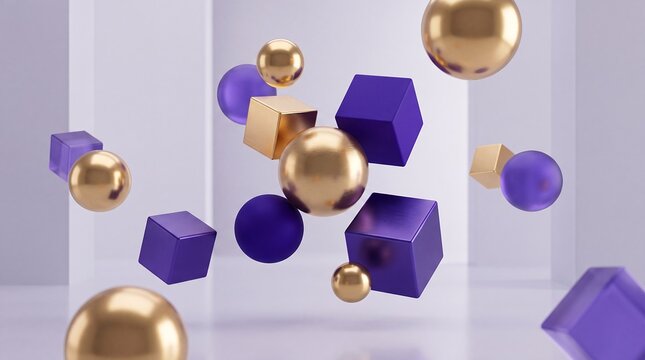 Abstract geometric shapes purple gold floating spheres cubes modern background. Metallic spheres and purple cubes float inside a clean white architectural space for gambling advertising campaigns