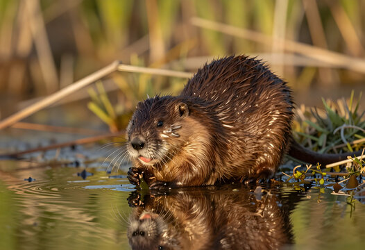 Biodiversity and wildlife conservation, muskrat foraging in a wetland habitat with water reflection and natural golden hour sunlight in the wilderness