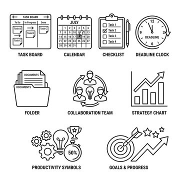Project management icon set with task board calendar and productivity symbols on transparent background