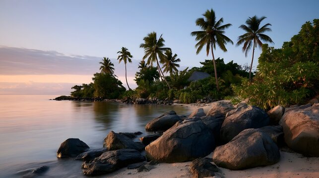 A serene tropical shoreline at dusk with palm trees  large rocks  and calm water reflecting the soft sky