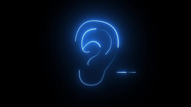 Neon blue glowing human ear on dark background