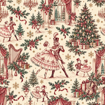 Nutcracker Christmas Ballet Toile de Jouy Seamless Pattern with Dancers, Tree and Vintage Holiday Decor