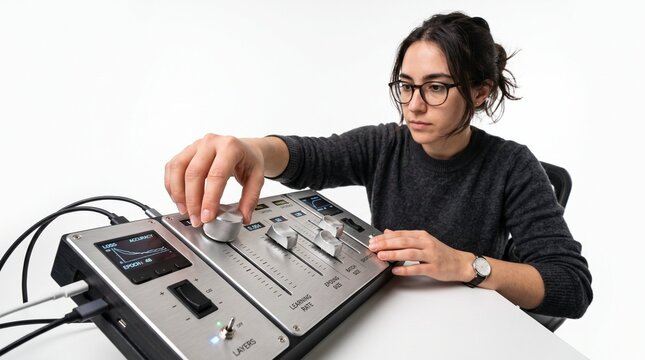 AI Machine Learning Control Panel with Woman Adjusting Settings on White Background AI production chain stages.