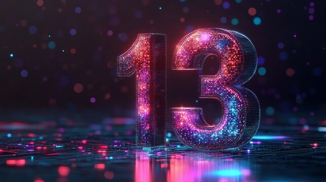 Glowing 3D Number 13 Isolated on Futuristic Abstract Digital Background with Neon Lights and Dots.