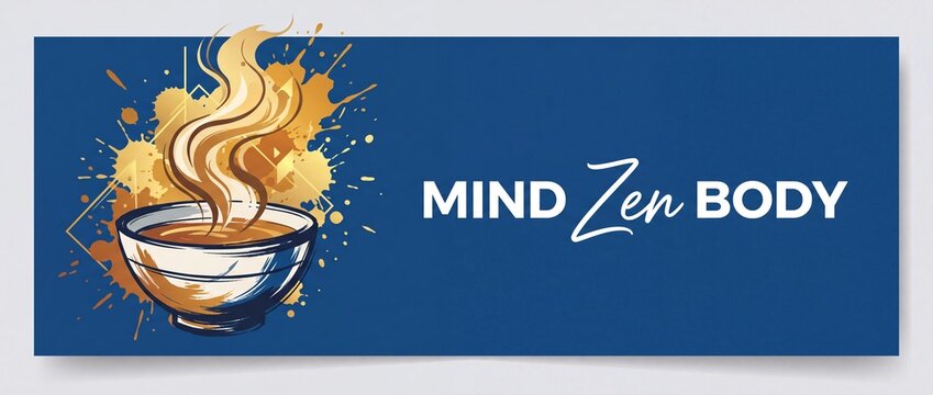 Mind body zen tea banner illustration featuring steaming bowl hot tea with yellow watercolor splash art background for holistic health wellness spa poster design and meditation concept template