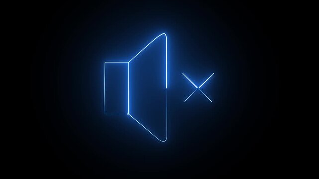Blue neon speaker icon with crossed out mark on dark background