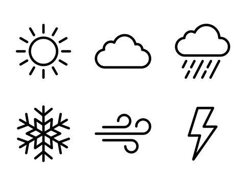 Set of six weather icons featuring sun cloud rain snowflake wind and lightning on transparent base