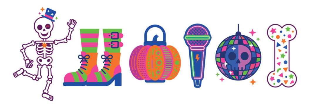 Colorful Halloween party icons including a dancing skeleton, striped boots, pumpkin lantern, microphone, disco ball, and confetti bone.