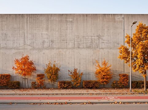 A large raw concrete wall along a sidewalk with vibrant orange autumn trees. A bike path and modern street lamp complete this sunny urban outdoor scene.