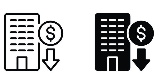 Real estate price drop icon set showing building with dollar sign and downward arrow representing property value decrease and rent reduction