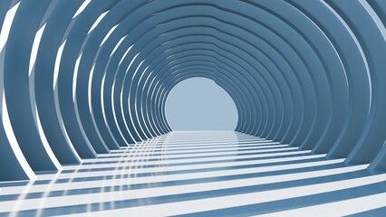 Fototapeta premium Abstract futuristic blue tunnel architecture with glowing light rays stretching across a clean glossy floor creating endless perspective depth