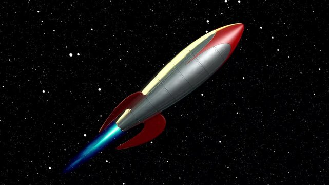 Retro Vintage Toy Rocket Ship Flying Through Deep Space Outer Galaxy with Glowing Blue Engine Thruster Trail and Starry Sky Background   