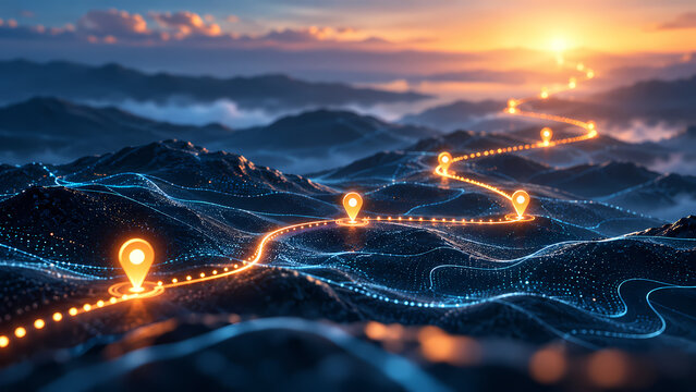 A luminous road winds past location pins over dark blue mountain terrain toward the rising sun, illustrating checkpoints, project milestones, navigation and progress on a digital business roadmap